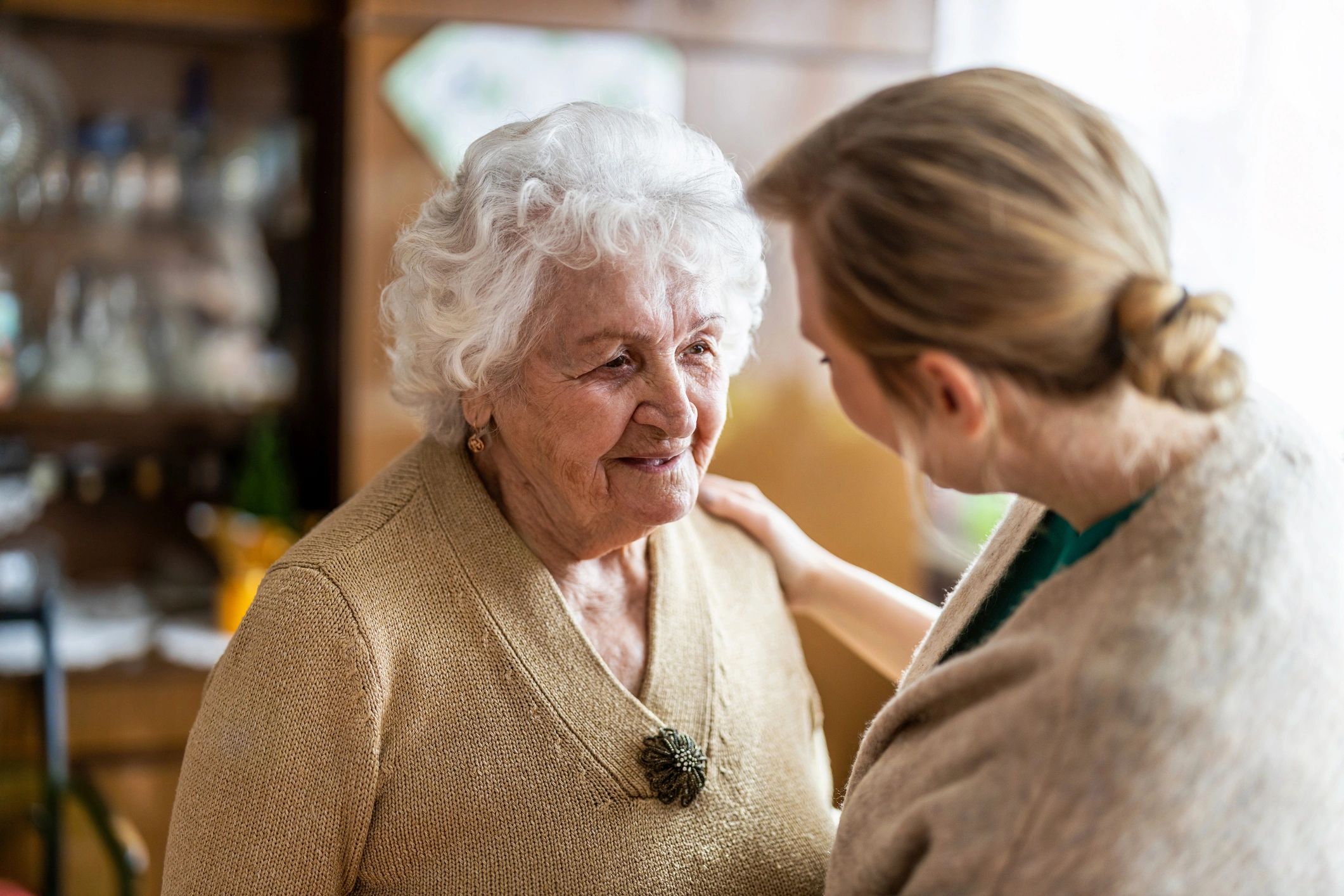 Health visitor talking to a senior woman during a home visit